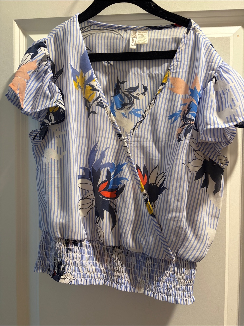 Japna Blue & White Striped Floral Wrap Crop Top